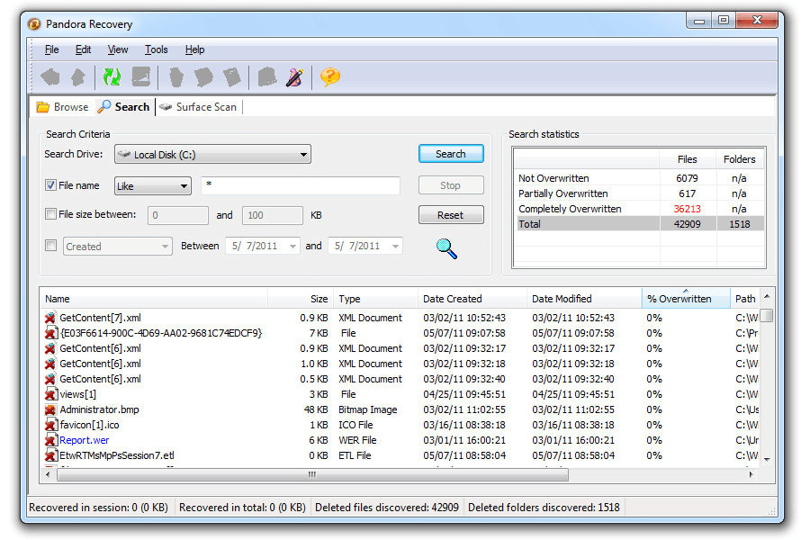Discovering files. Pandora Recovery. File Recovery. Recovery Tool. Easy file Recovery.